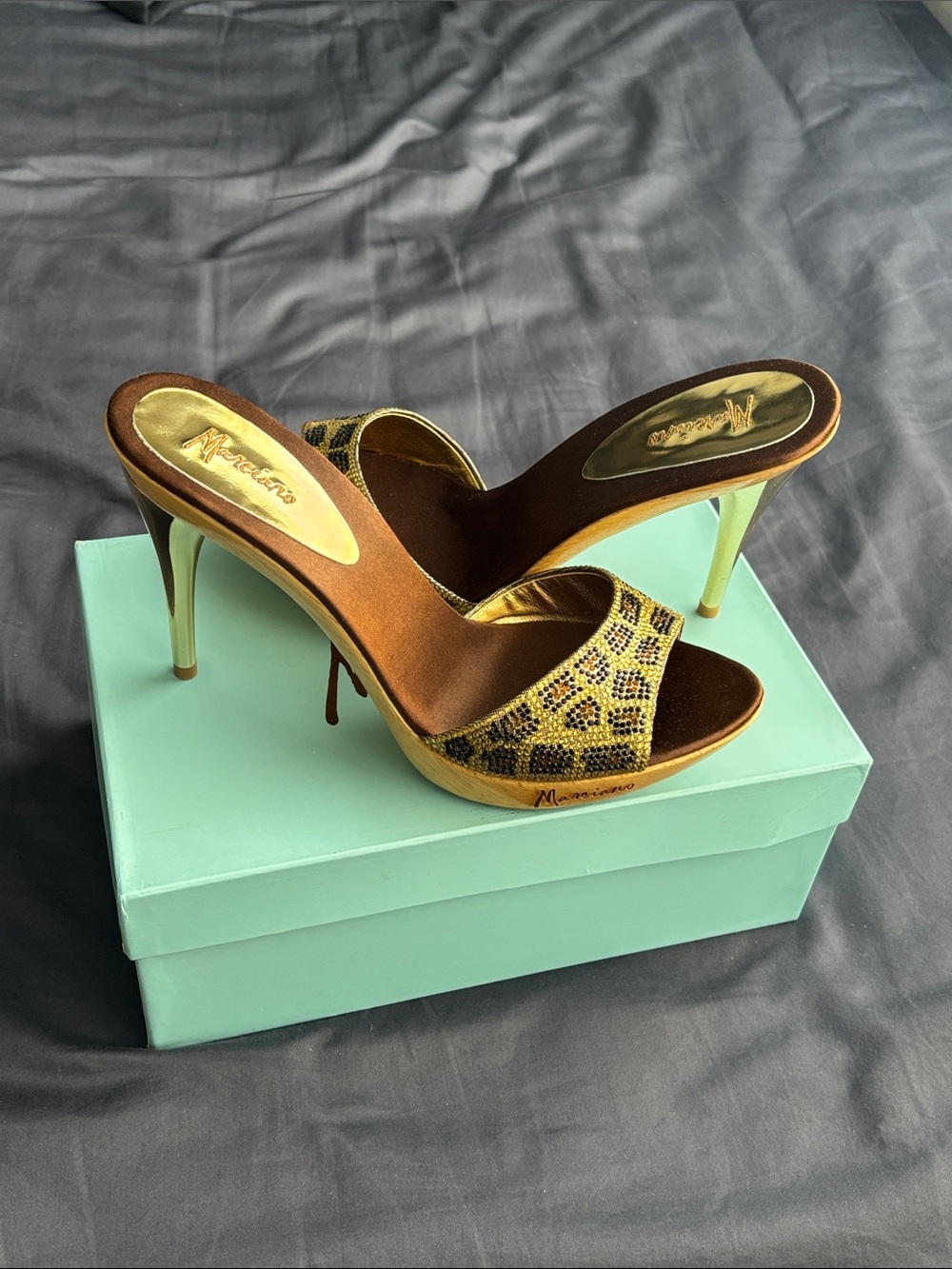 Marciano Gold and Brown Sequin Open-Toe Stiletto Mules